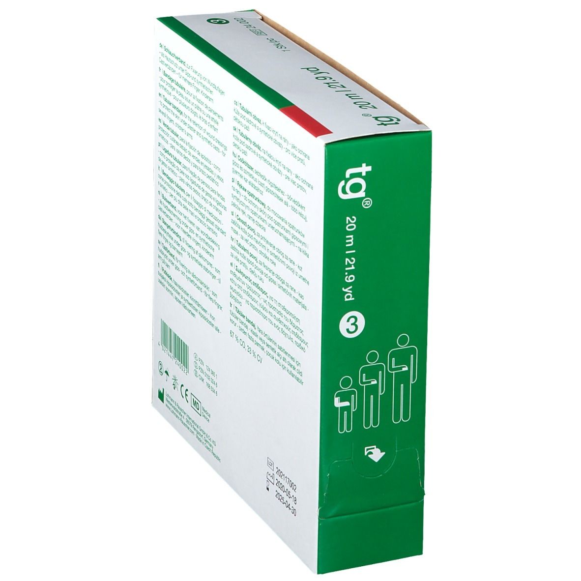 Emballage incliné. Inscription: tg, 20 m | 21.9 yd. 3. Pictogrammes. Logo L&R. Dispositif médical.