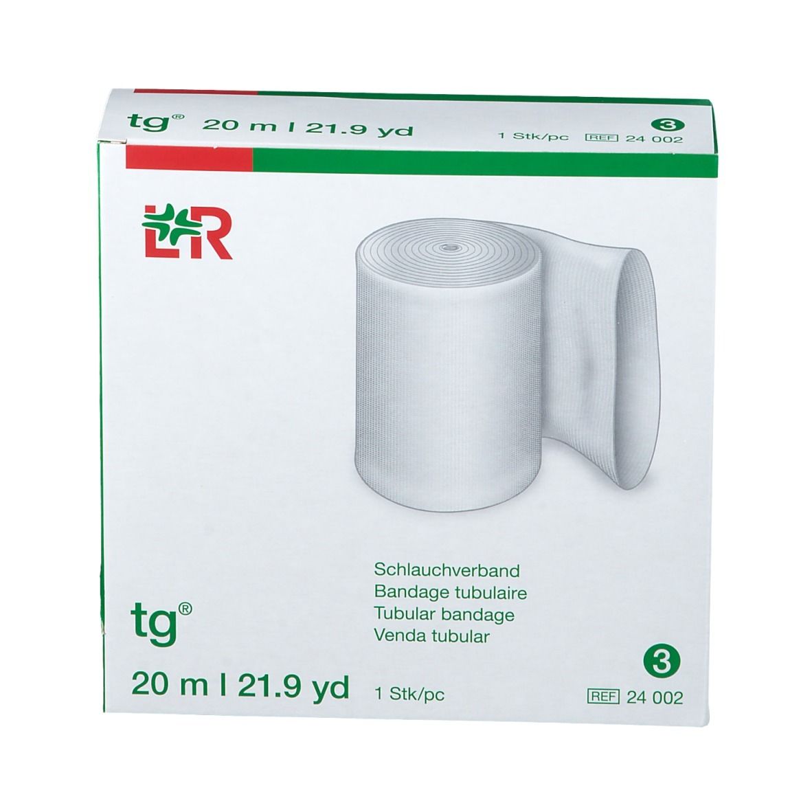 Emballage de bandage tubulaire blanc. Inscription: tg, 20 m | 21.9 yd. 1 pc. 3. Logo L&R.