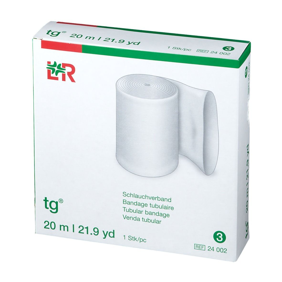 Emballage de bandage tubulaire blanc. Inscription: tg, 20 m | 21.9 yd. 1 pc. 3. Logo L&R.