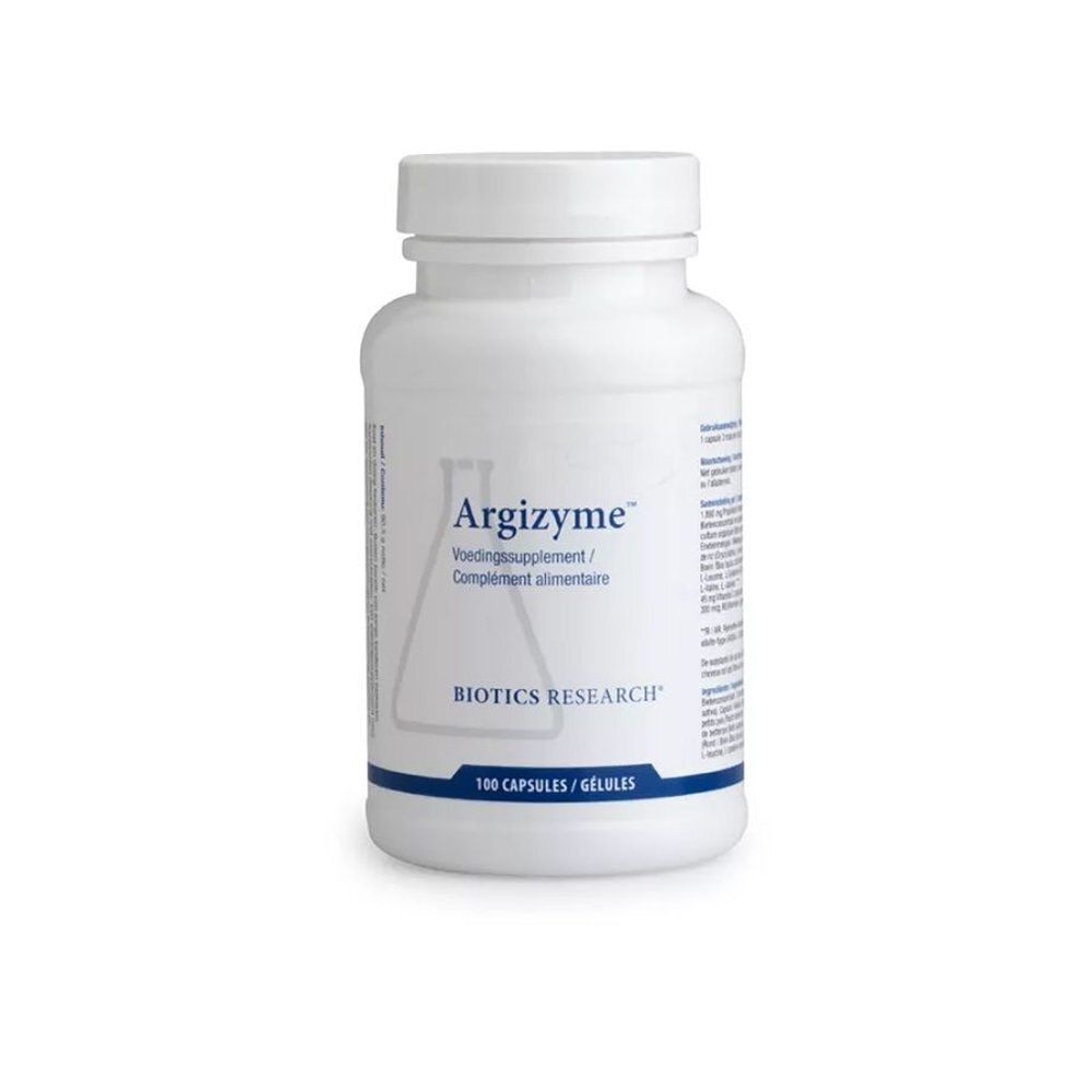 Flacon blanc avec étiquette Argizyme. Inscription: Biotics Research, 100 capsules. Bouchon avec impression.
