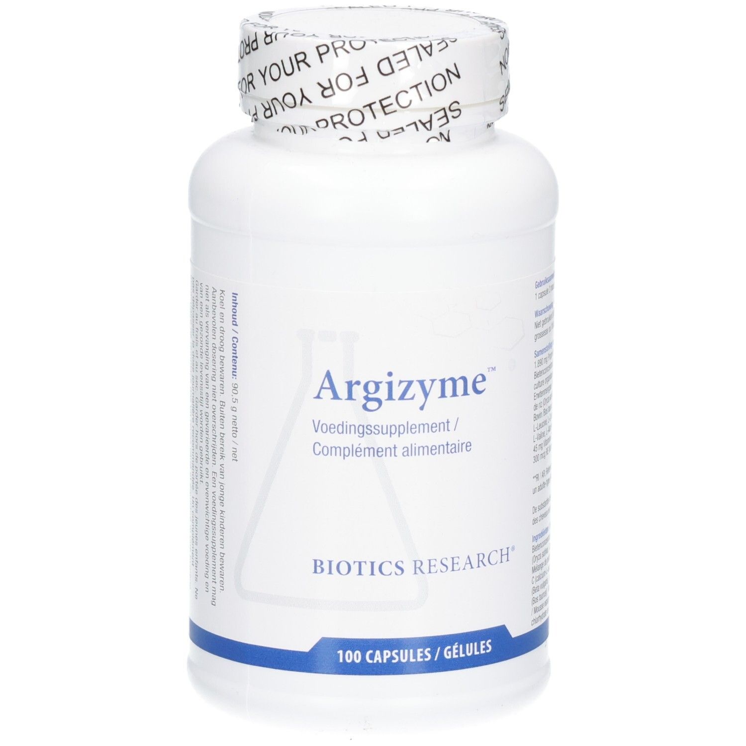 Weiße Flasche mit Argizyme-Etikett. Aufschrift: Biotics Research, 100 Kapseln. Verschluss mit Aufdruck.