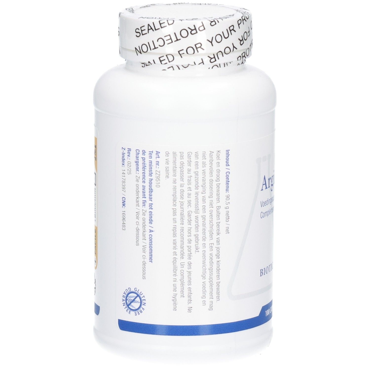 Rückseite der weißen Flasche. Text in mehreren Sprachen. Aufschrift: Argizyme, Biotics Research. Glutenfrei-Siegel.