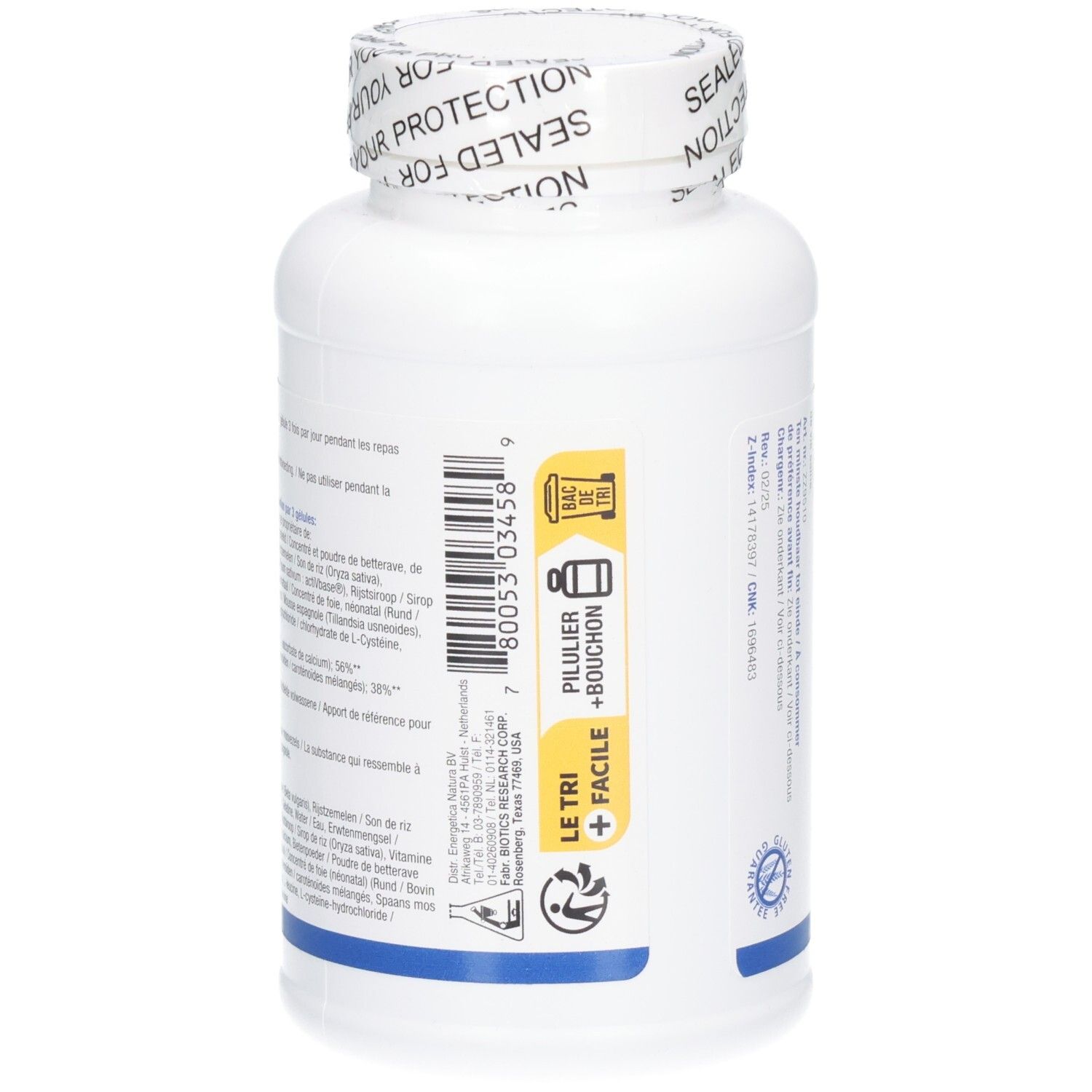 Rückseite der Flasche. Text und Piktogramme. Aufschrift: Le Tri + Facile + Bouchon. Barcode.