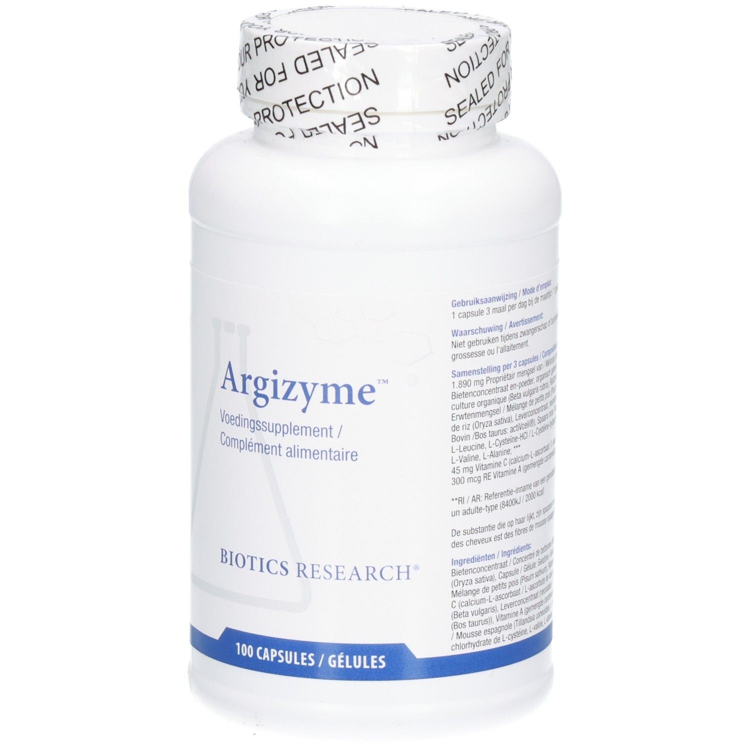 Weiße Flasche mit Argizyme-Etikett. Aufschrift: Biotics Research, 100 Kapseln. Verschluss mit Aufdruck.