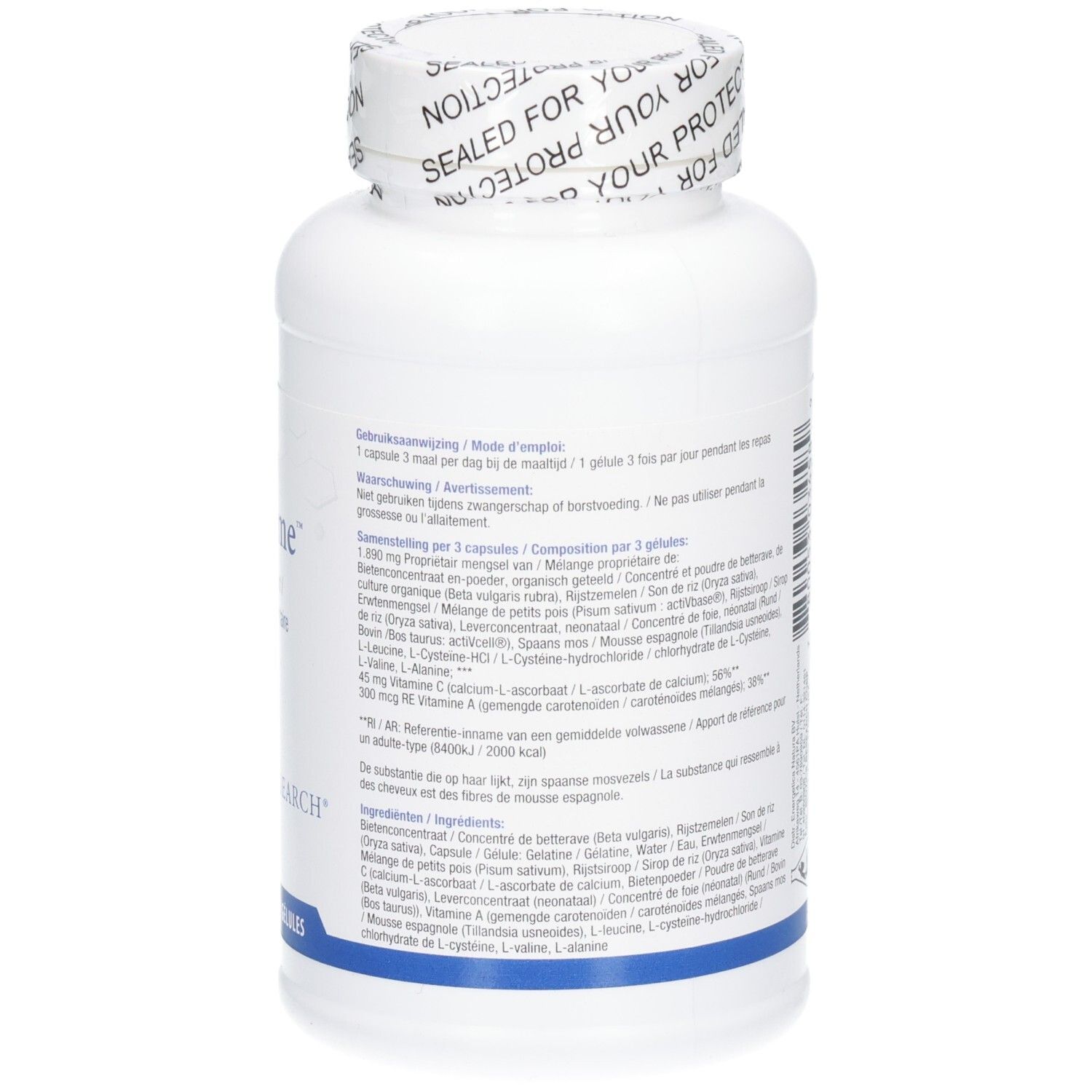 Rückseite der Flasche. Text in mehreren Sprachen. Aufschrift: Argizyme, Biotics Research. Zutatenliste.