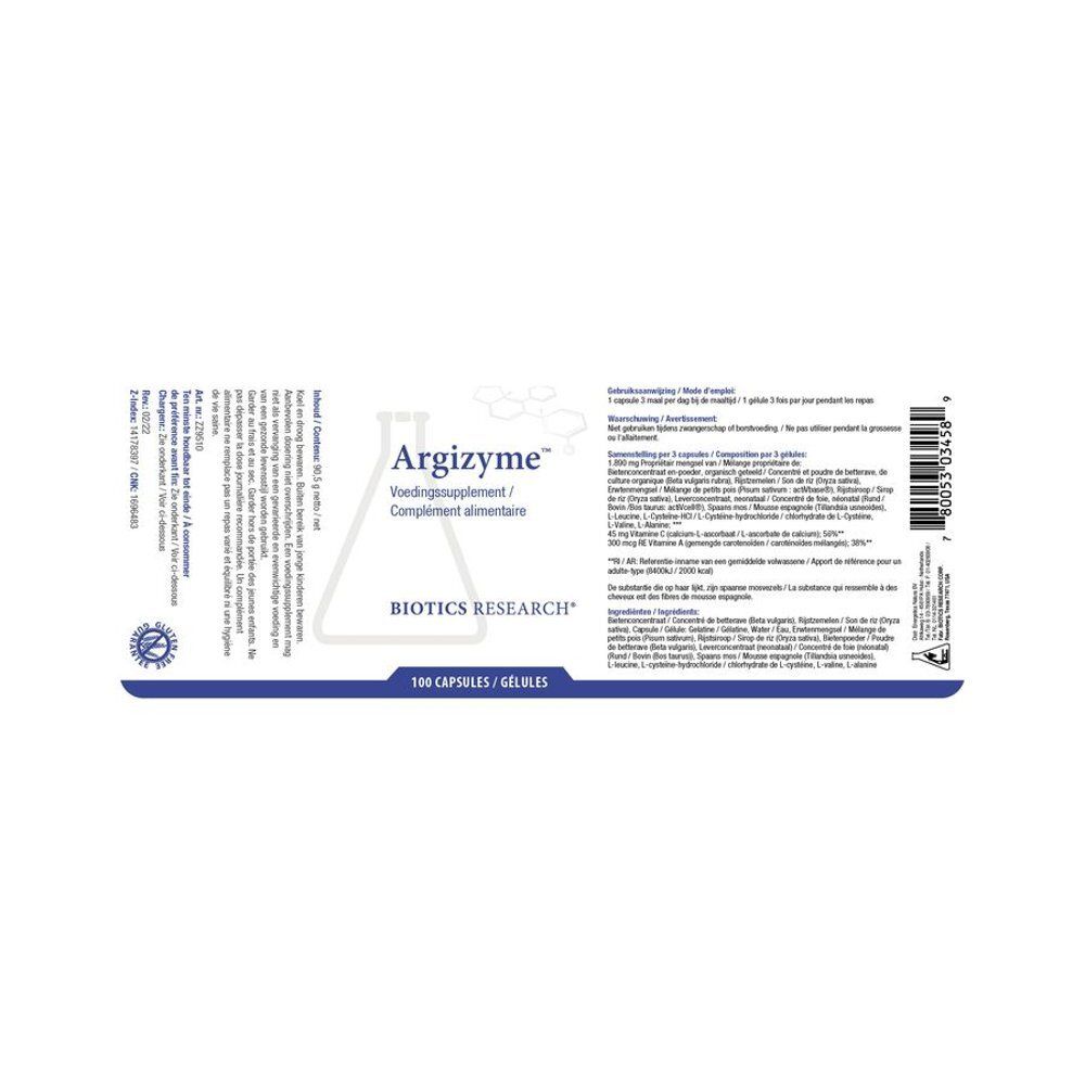 Emballage rectangulaire avec étiquette Argizyme. Inscription: Biotics Research, 100 capsules. Texte multilingue.