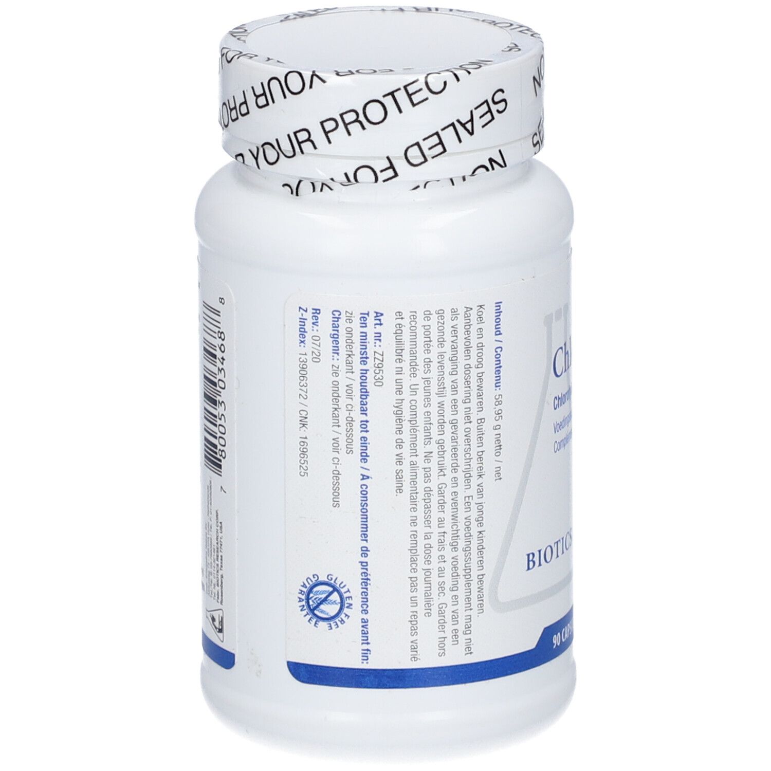 Rückseite einer weißen Flasche mit Chlorocaps. Text: Inhaltsstoffe, Gebrauchsanweisung, Warnhinweise. BIOTICS RESEARCH. 90 Kapseln.