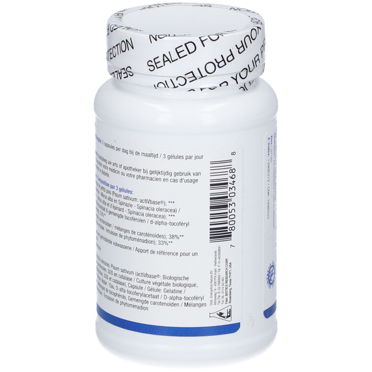 Rückseite einer weißen Flasche mit Chlorocaps. Text: Inhaltsstoffe, Dosierung, Warnhinweise. BIOTICS RESEARCH. 90 Kapseln.