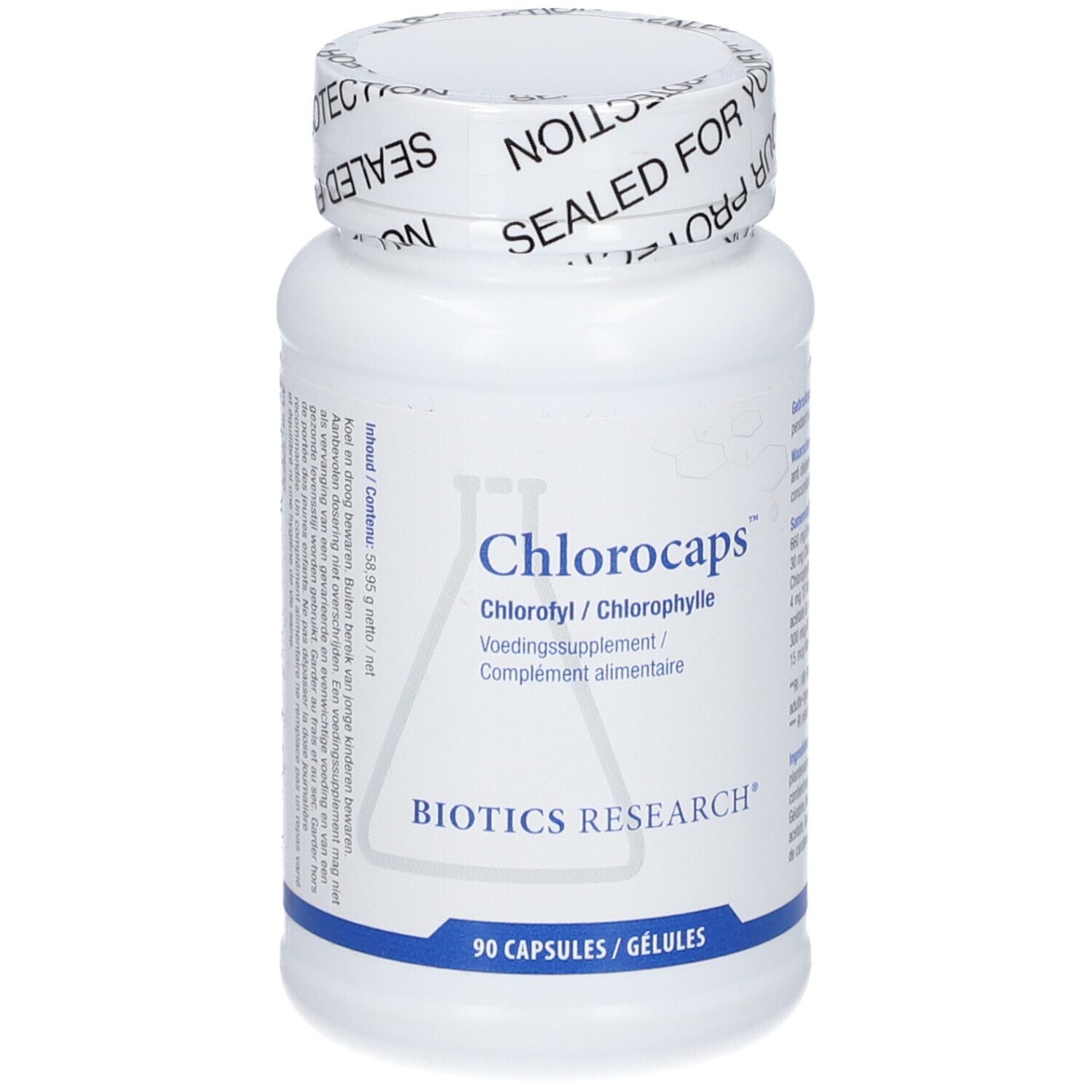 Weiße Flasche mit Chlorocaps-Kapseln. Aufschrift: Chlorofyl/Chlorophylle, Voedingssupplement/Complément alimentaire, BIOTICS RESEARCH. 90 Kapseln.
