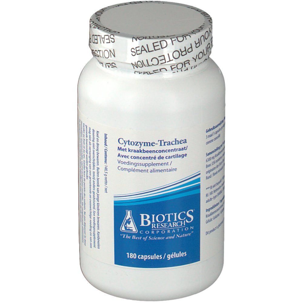 Weiße Flasche mit Schraubverschluss. Aufschrift: Biotics Research, Cytozyme-Trachea, 180 Kapseln. Siegel: Sealed for your protection.