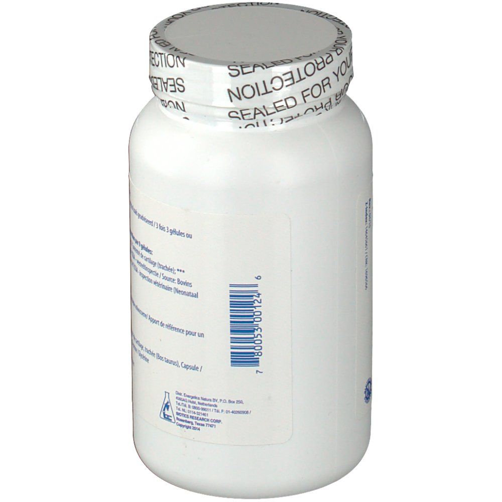 Rückseite einer weißen Flasche. Barcode und Text. Siegel: Sealed for your protection.