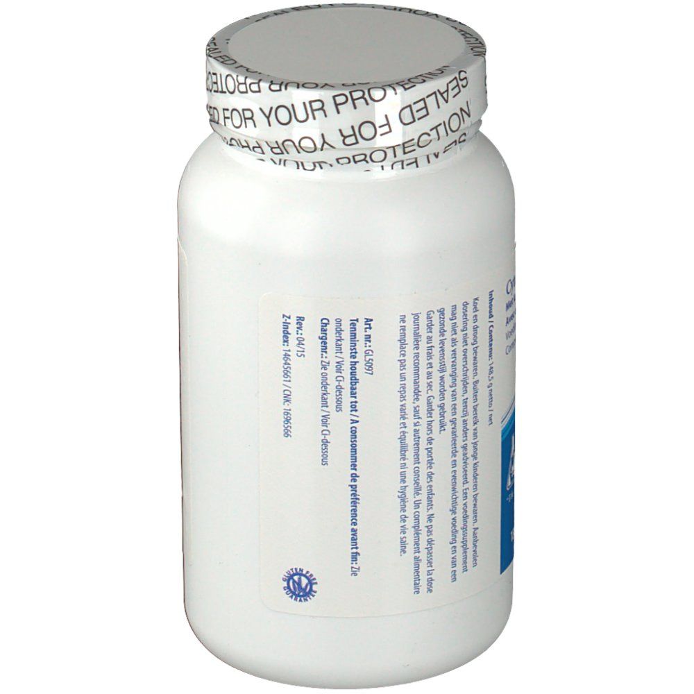 Rückseite einer weißen Flasche. Text und Siegel. Siegel: Sealed for your protection.