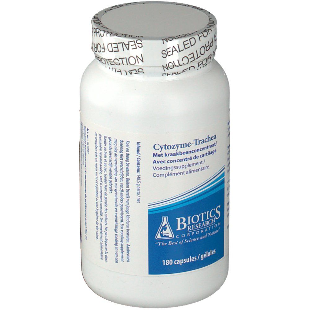 Weiße Flasche mit Schraubverschluss. Aufschrift: Biotics Research, Cytozyme-Trachea, 180 Kapseln. Siegel: Sealed for your protection.