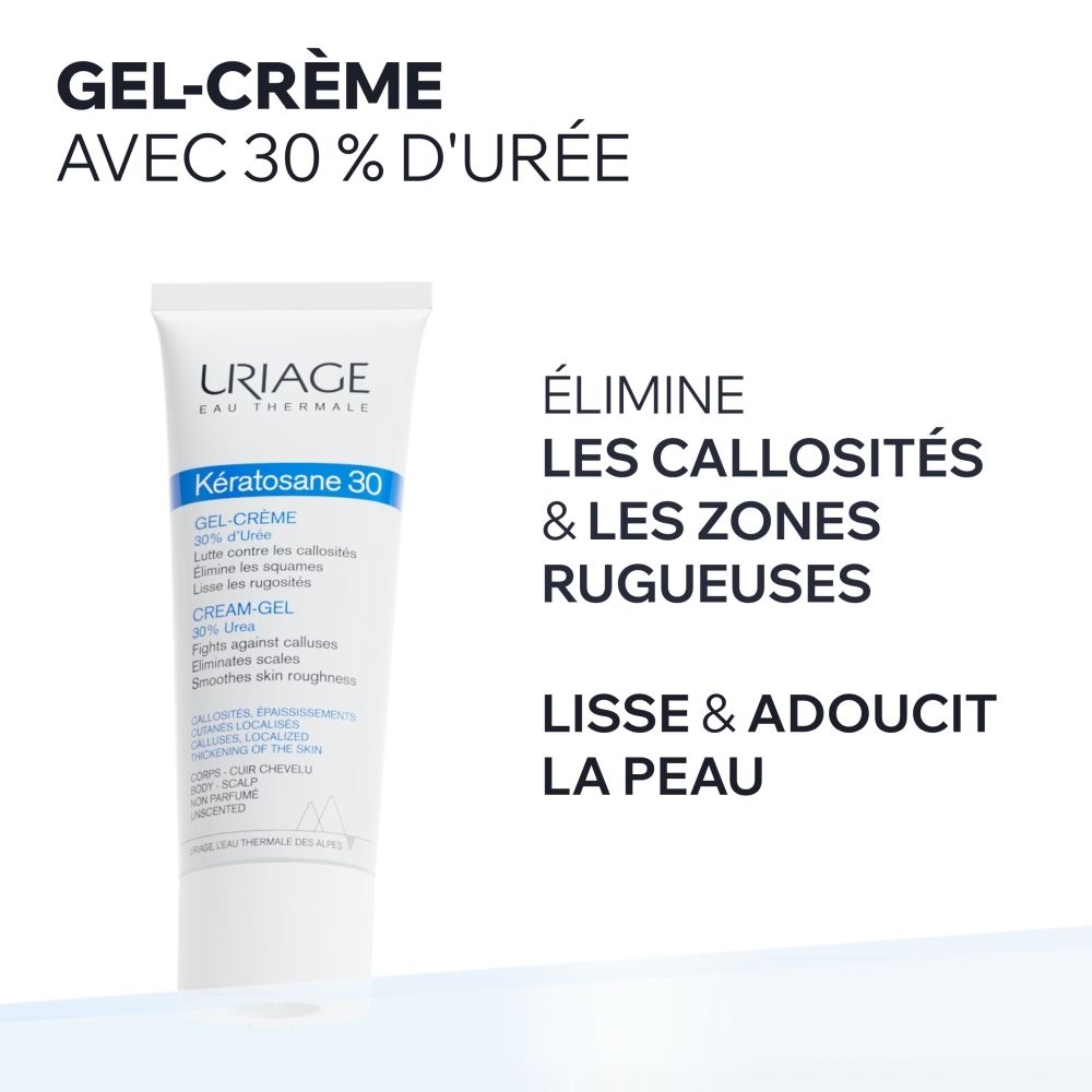 Tube Uriage Keratosane 30 Gel-Crème avec 30% d'Urée, avec une trace de crème.