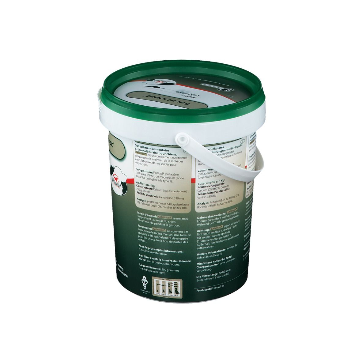 Eimer mit grünem Deckel. Rückseite mit Text. Enthält Informationen über das Produkt und seine Inhaltsstoffe.