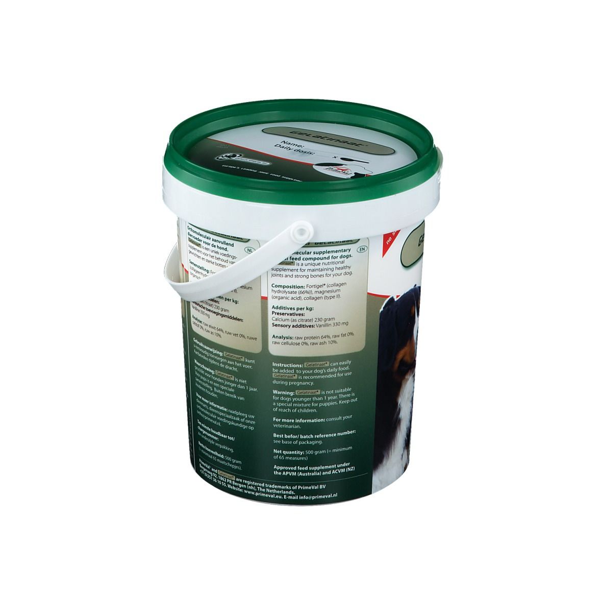 Eimer mit grünem Deckel. Rückseite mit Text. Enthält Informationen über das Produkt und seine Inhaltsstoffe.