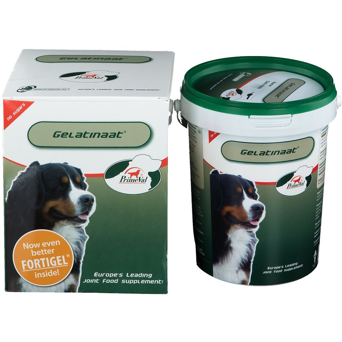 PrimeVal Gelatinaat Eimer und Kartonverpackung nebeneinander, beide mit Hundegesicht.