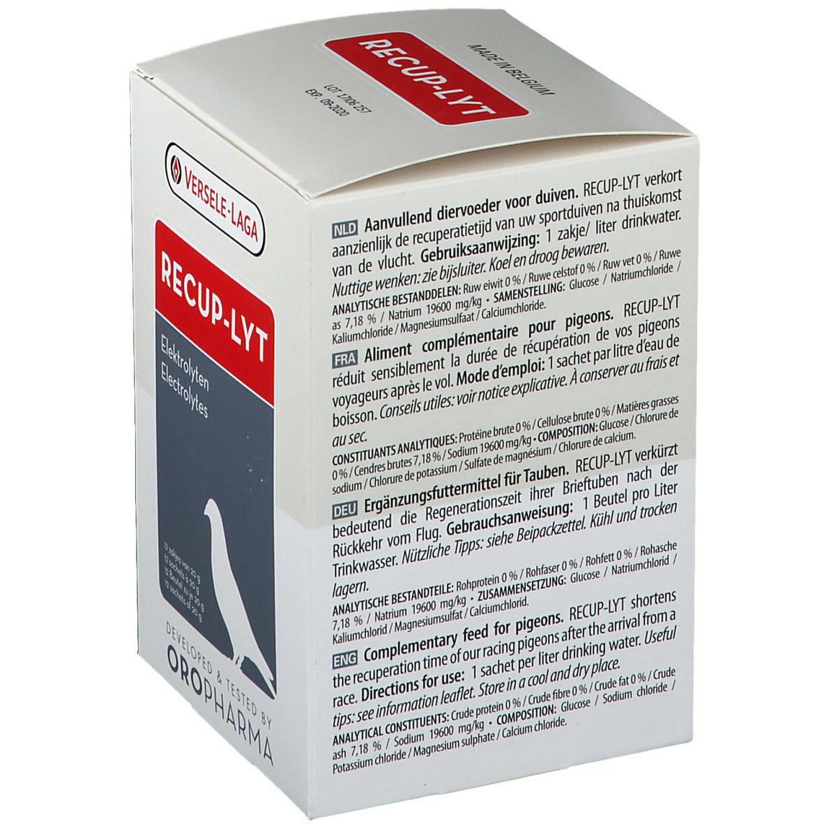 Weiße Schachtel mit Text in mehreren Sprachen. Aufschrift RECUP-LYT, Elektrolyten. Logo Versele-Laga. Enthält 12 Beutel.