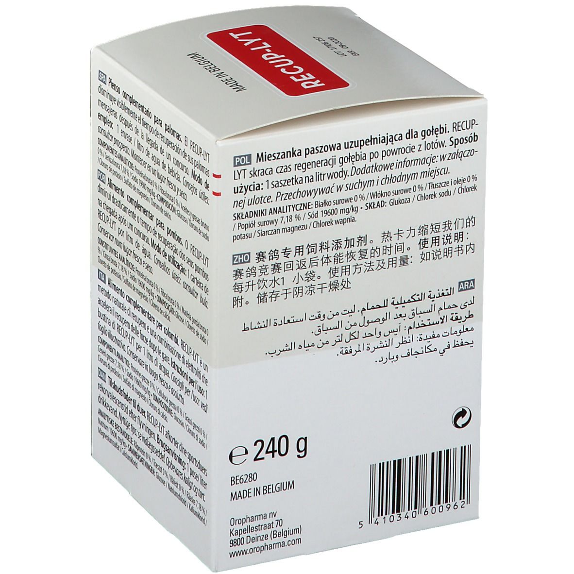 Weiße Schachtel mit Text in mehreren Sprachen. Aufschrift RECUP-LYT. Logo Versele-Laga. Hergestellt in Belgien. 240g.