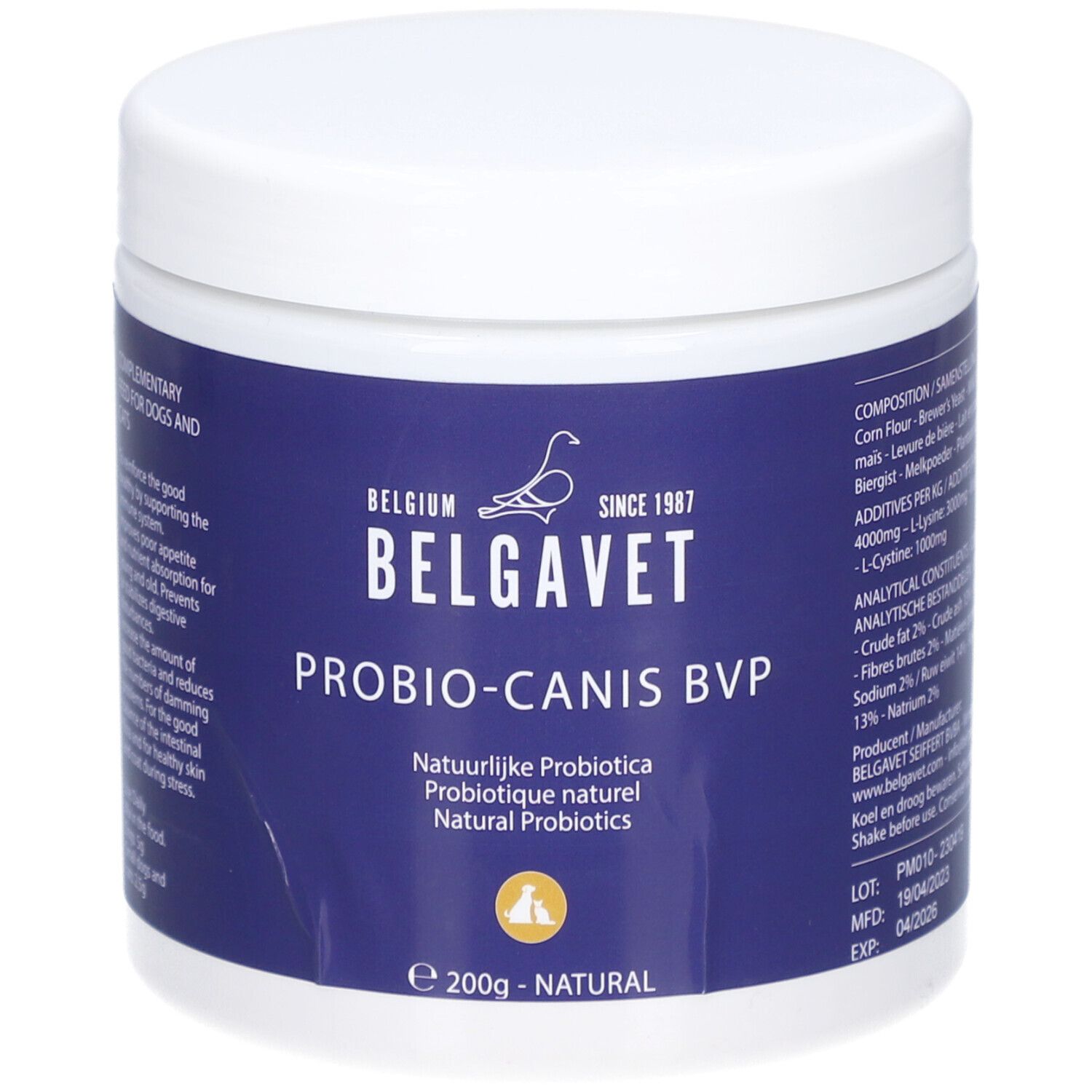Weißes Gefäß mit blauem Etikett. Aufschrift: BELGAVET, PROBIO-CANIS BVP, Naturlijke Probiotica. 200g - NATURAL.