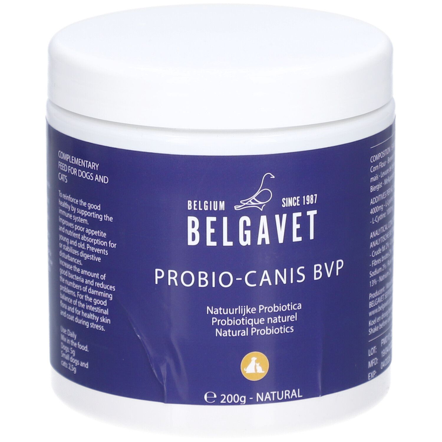 Weißes Gefäß mit blauem Etikett. Aufschrift: BELGAVET, PROBIO-CANIS BVP, Naturlijke Probiotica. 200g - NATURAL.