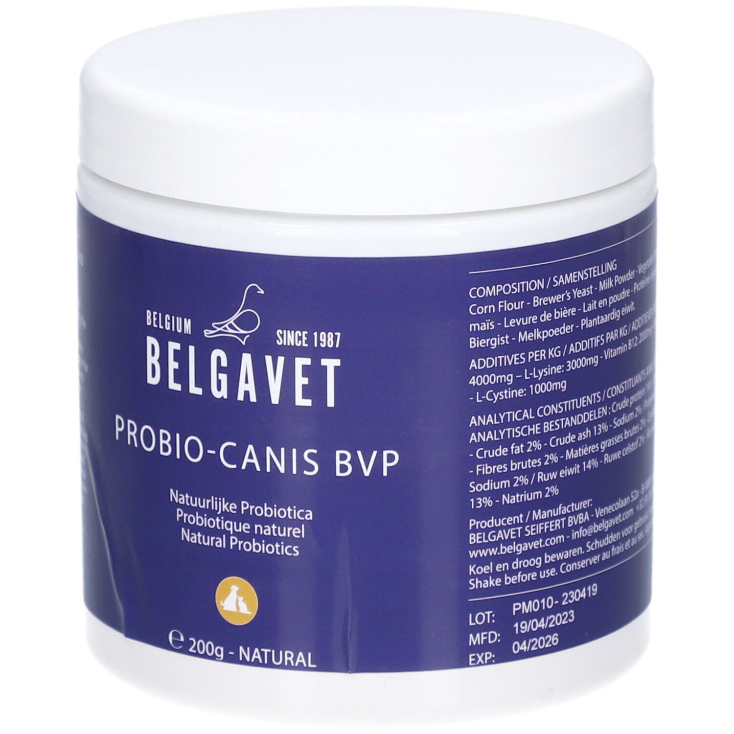 Weißes Gefäß mit blauem Etikett. Aufschrift: BELGAVET, PROBIO-CANIS BVP, Naturlijke Probiotica. 200g - NATURAL.