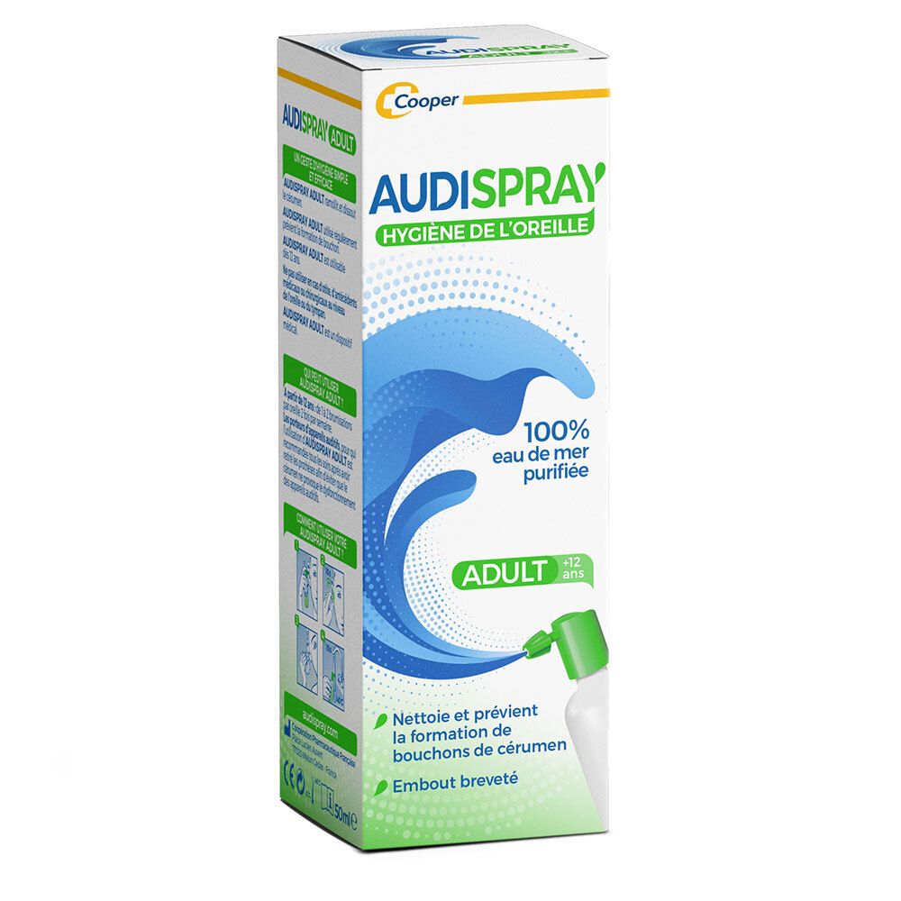 Boîte AUDISPRAY. Blanche, motif vagues bleues, bouchon vert. Texte: AUDISPRAY, Hygiène de l'oreille, 100% eau de mer purifiée, ADULT.