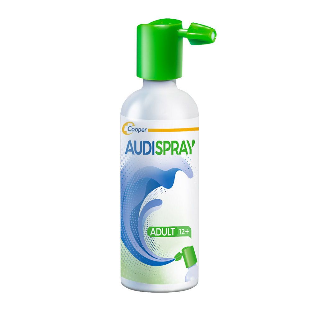 Flacon AUDISPRAY. Blanc, pulvérisateur vert. Texte: AUDISPRAY, ADULT, 12+. Motif vagues bleues. Pulvérisateur vert.