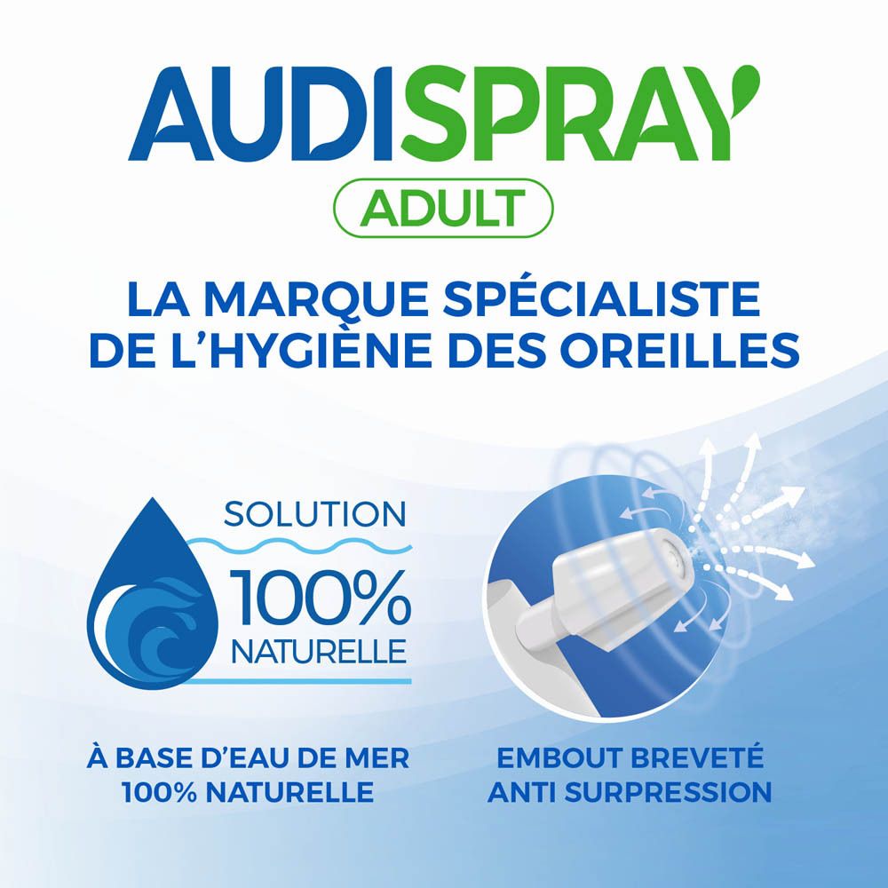 Boîte et flacon AUDISPRAY ADULT. Boîte et flacon blanc avec embout vert. Texte: ADULT.