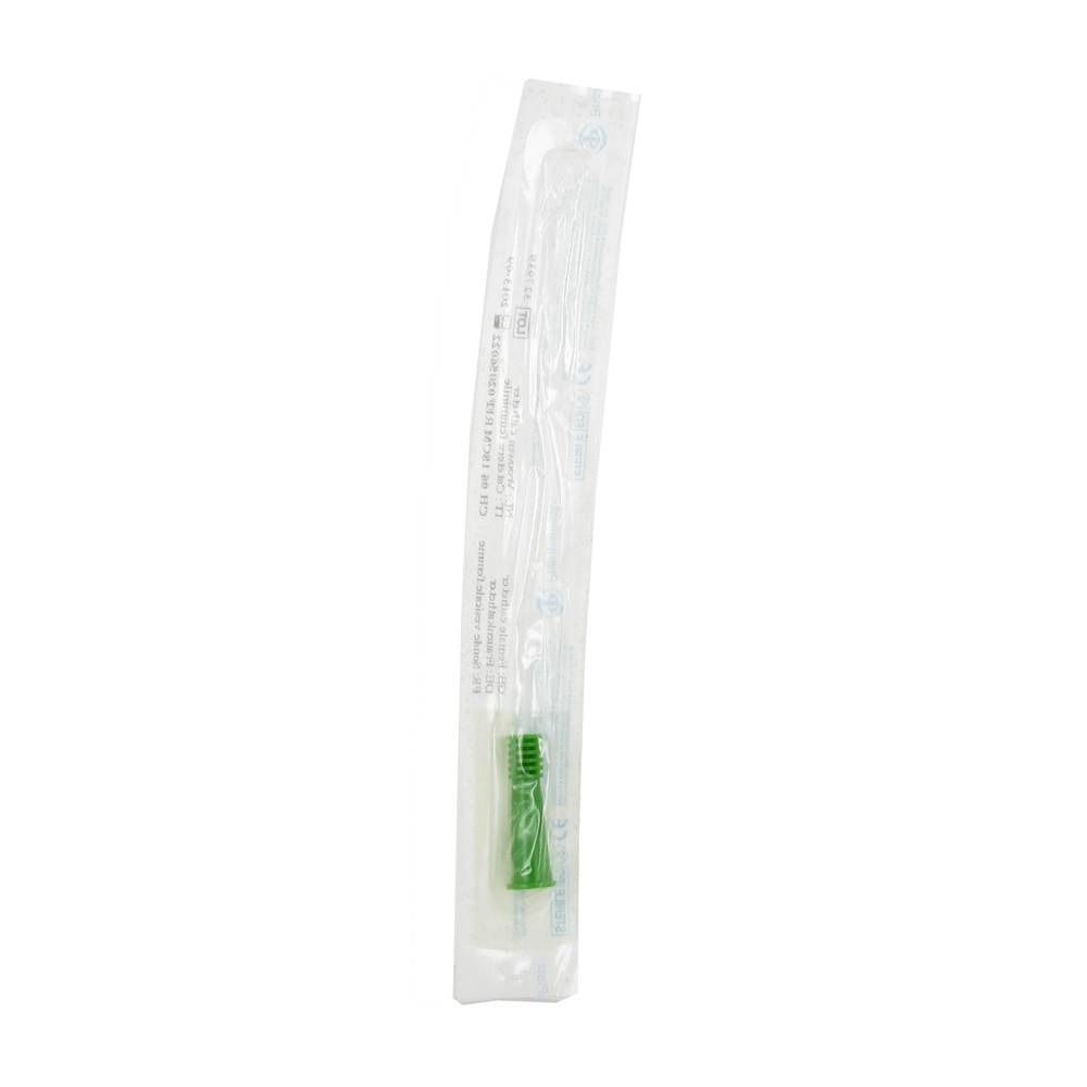 Einzeln verpackter Katheter. Der Katheter ist in einer transparenten Folie eingeschweißt. Der Konnektor ist grün.