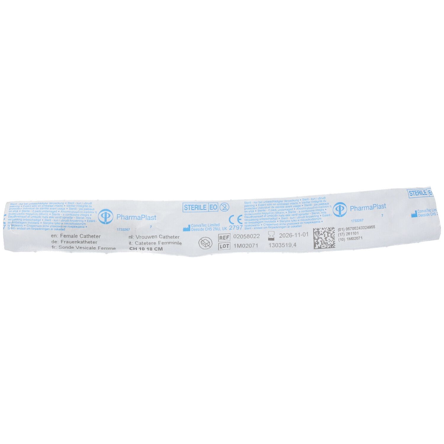 Verpackung eines Katheters. Aufschrift: PharmaPlast, STERILE EO, CE-Zeichen. Produktbezeichnung: Female Catheter, CH 10, 15 CM.