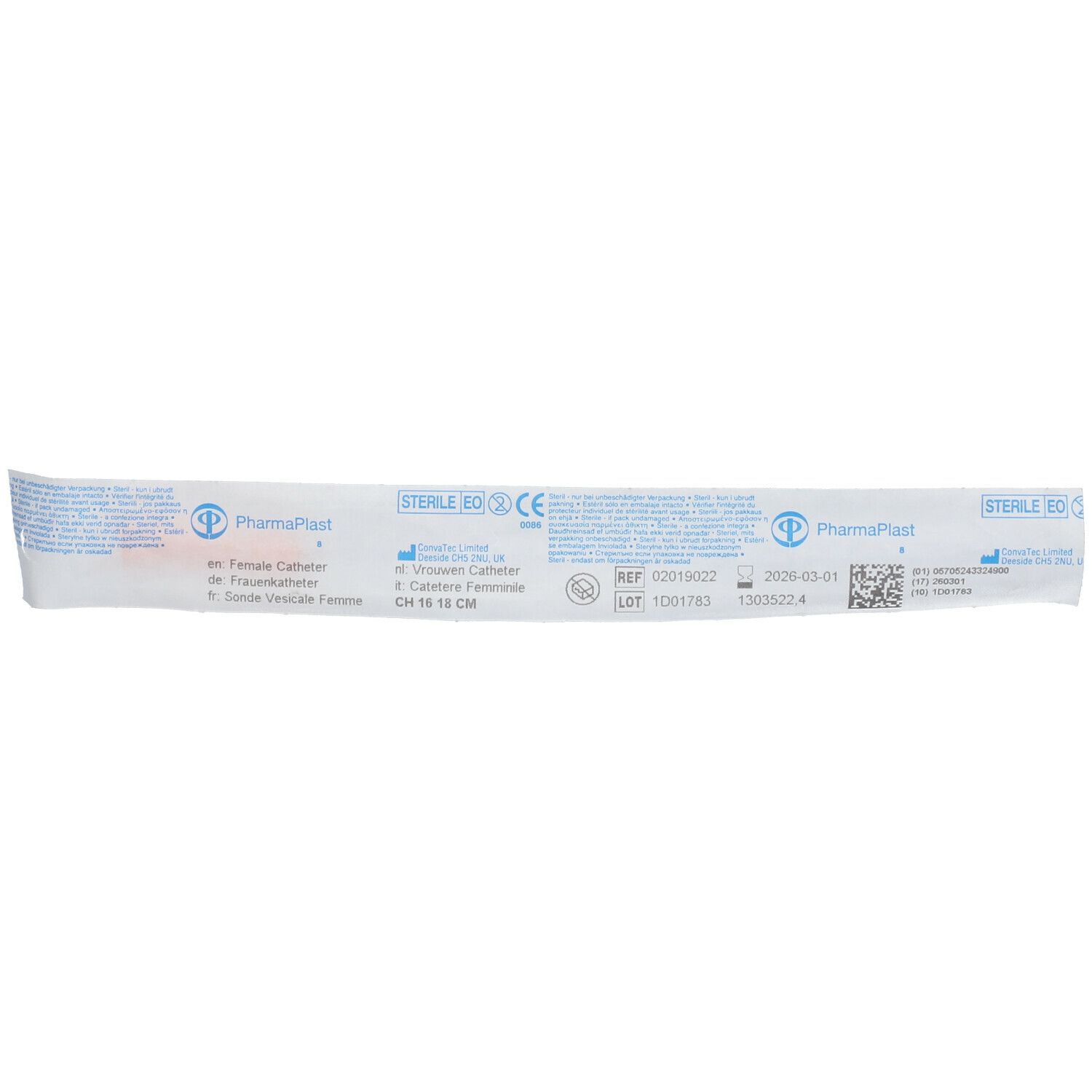 Verpackung eines PharmaPlast Katheters für Frauen, Ch 16. Steril. Produktinformationen und CE-Kennzeichnung.