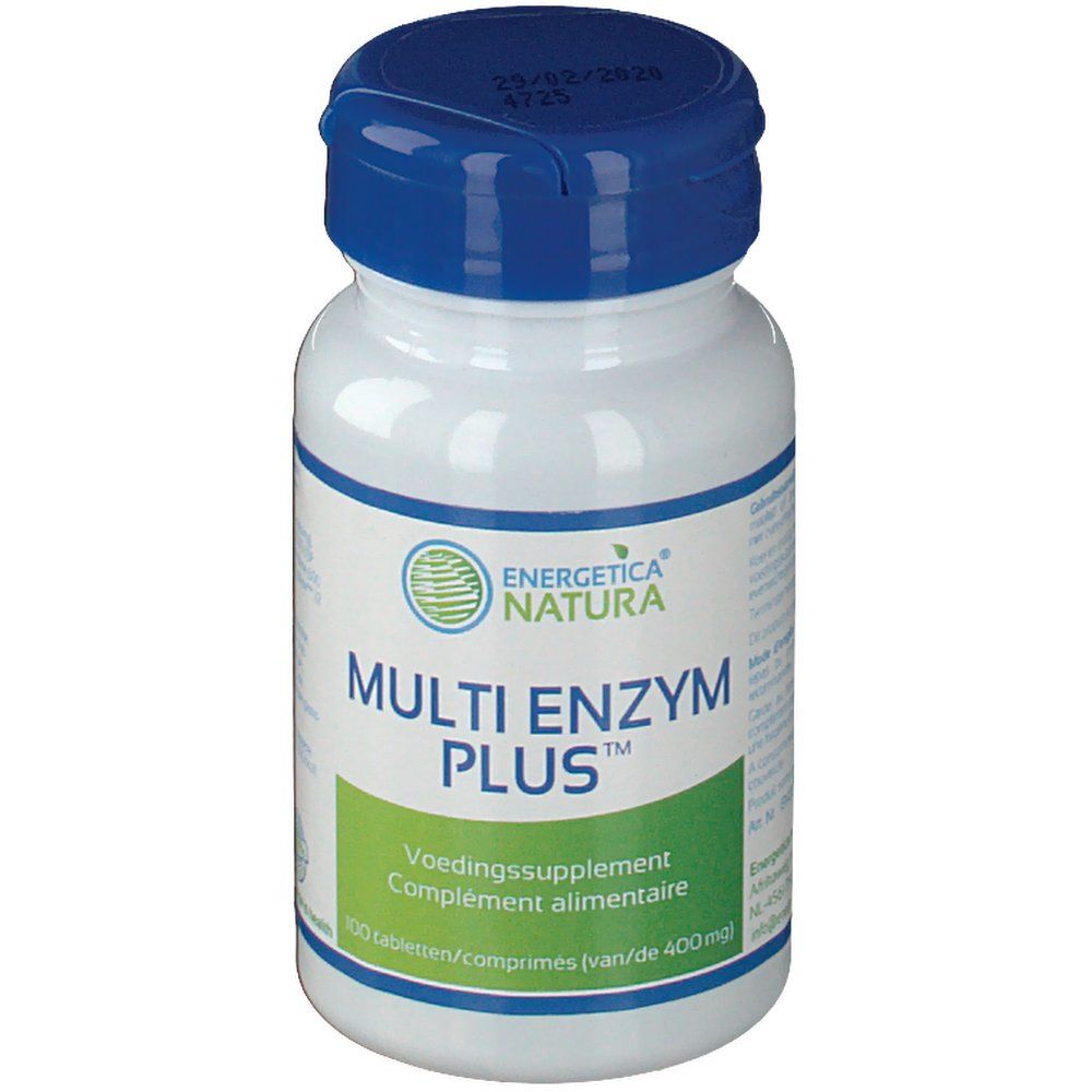 Weiße Flasche mit blauem Deckel. Aufschrift: Multi Enzym Plus, Energetica Natura. 100 Tabletten.