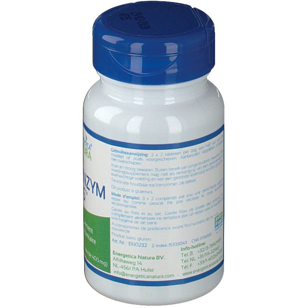 Weiße Flasche mit blauem Deckel. Rückseite mit Text. Energetica Natura Logo. Text in Niederländisch und Französisch.