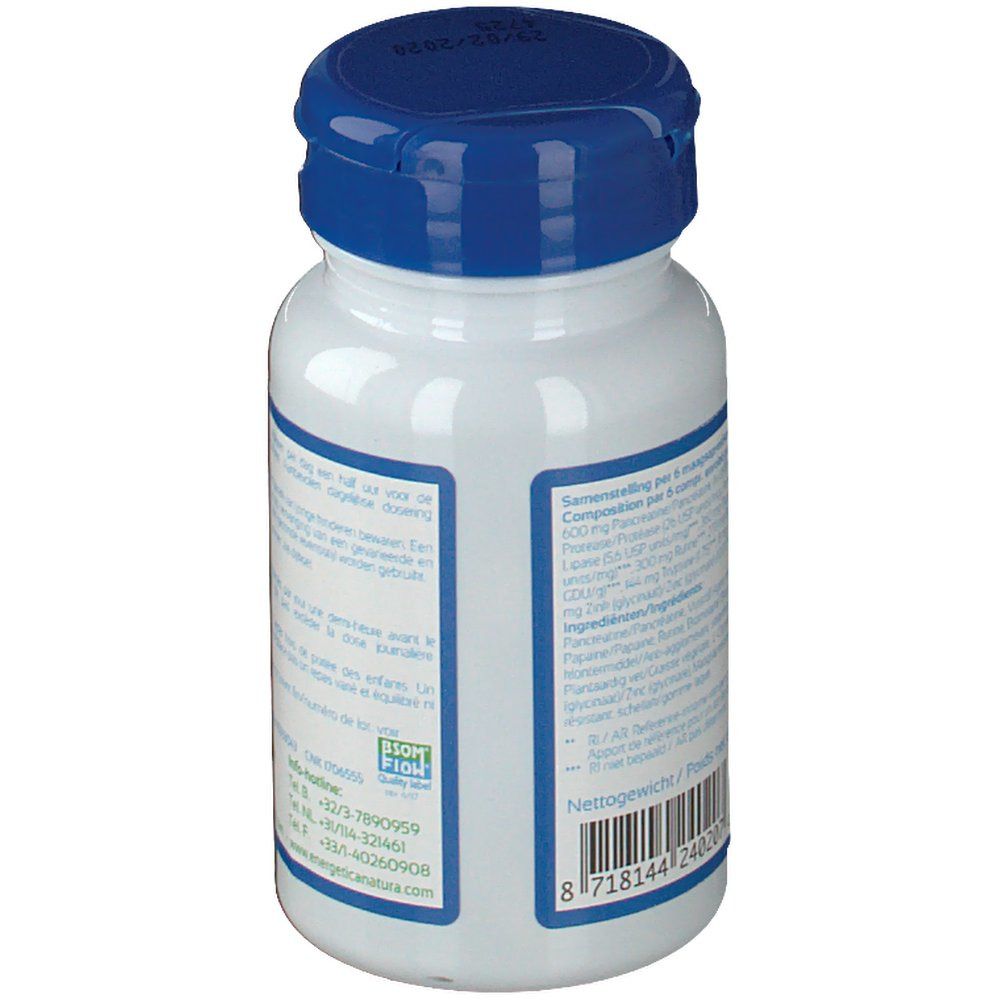 Weiße Flasche mit blauem Deckel. Rückseite mit Text. Inhaltsstoffe und Nährwertangaben. Bio-Siegel.