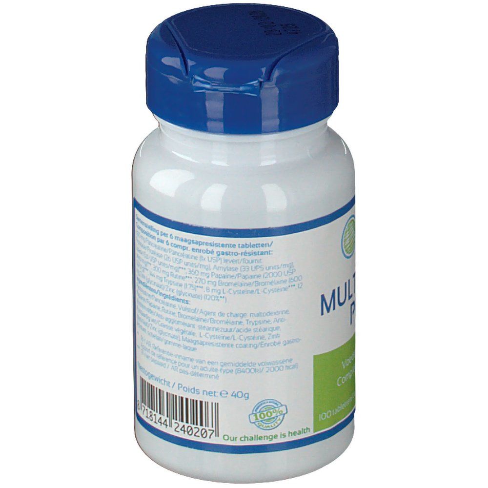 Weiße Flasche mit blauem Deckel. Rückseite mit Text. Inhaltsstoffe und Nährwertangaben. 100% Challenge is health.