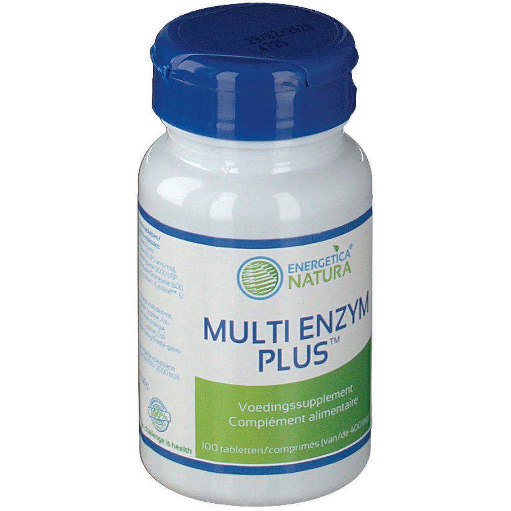 Weiße Flasche mit blauem Deckel. Aufschrift: Multi Enzym Plus, Energetica Natura. 100 Tabletten.