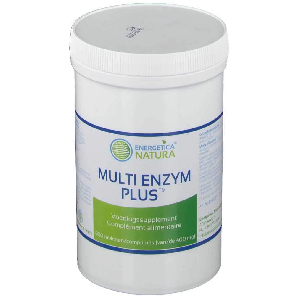 Weißes, zylindrisches Behältnis mit Schraubverschluss. Aufschrift: Energetica Natura Multi Enzym Plus. Grün-weiße Etiketten.