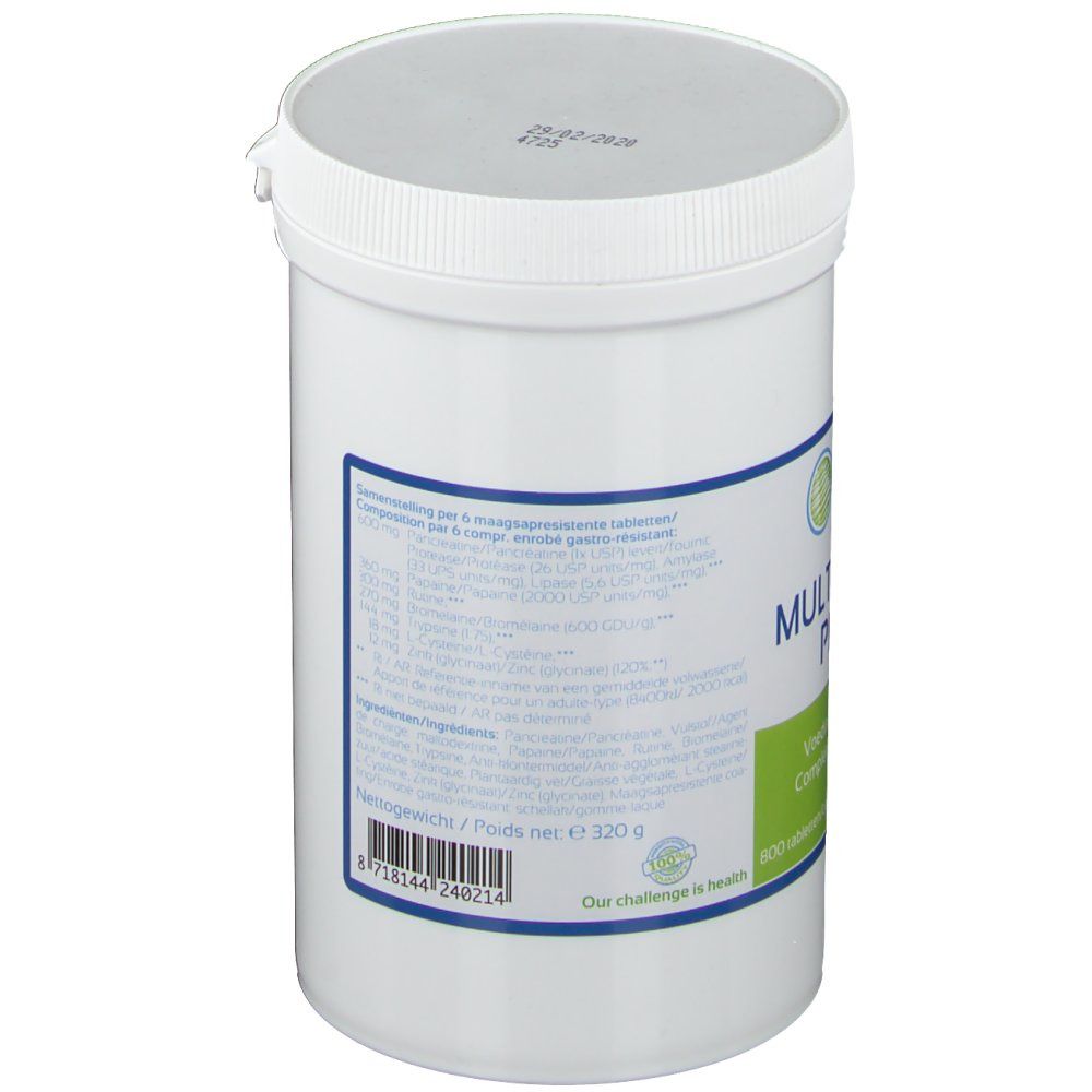 Weißes, zylindrisches Behältnis mit Schraubverschluss. Etikett mit Produktinformationen und Logos. Seitenansicht.