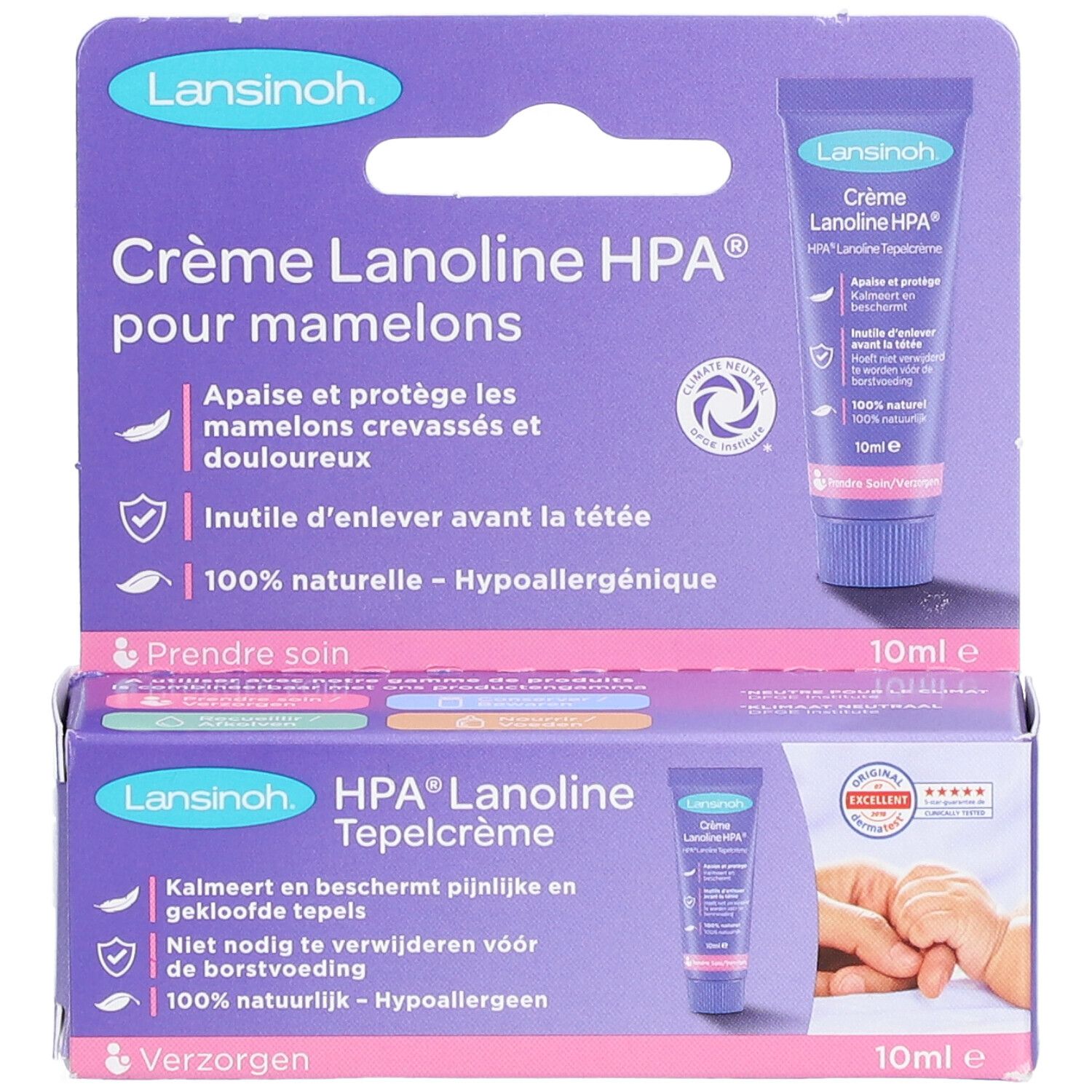 Emballage avec tube et boîte. Crème Lanolin HPA pour mamelons. 100% naturel, hypoallergénique. 10ml. Avec main de bébé.
