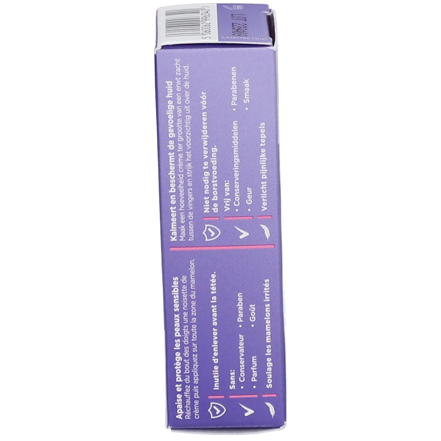 Côté de l'emballage. Texte multilingue. Sans: conservateur, parfum, goût. Pour peaux sensibles.