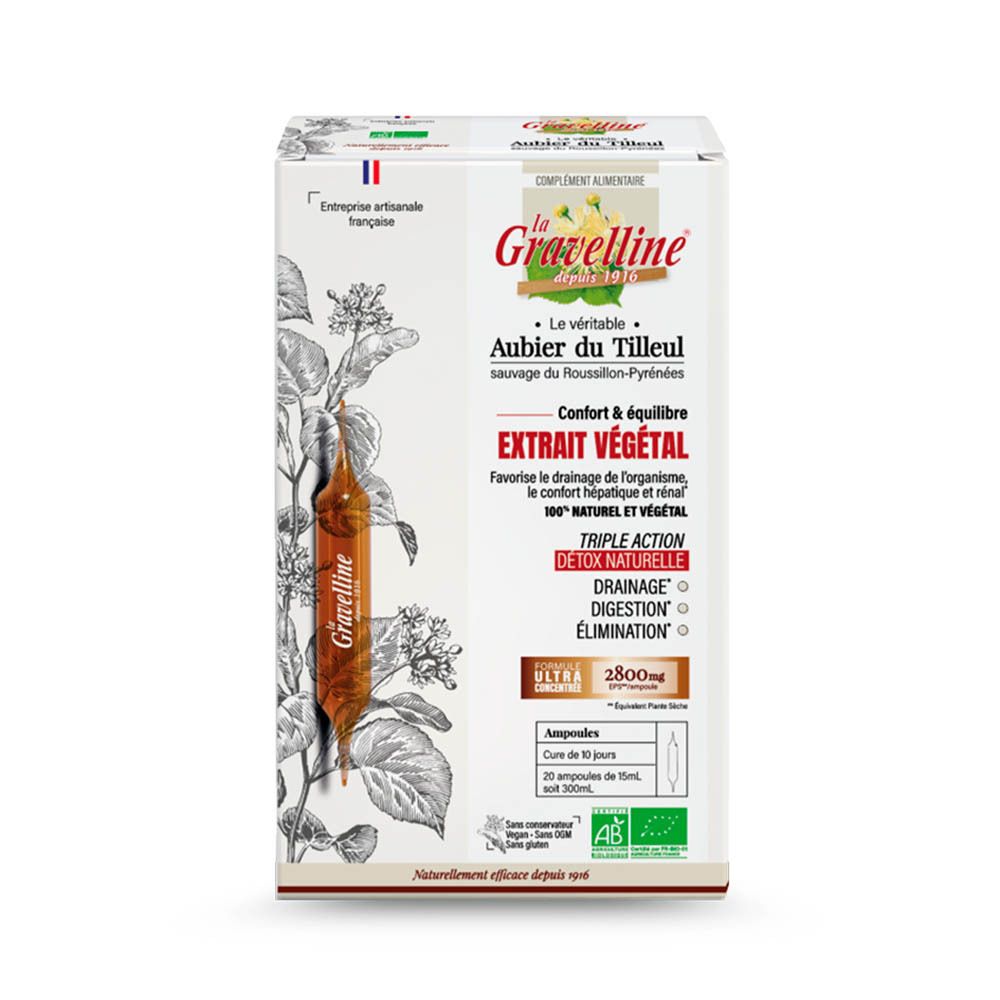 Boîte avec ampoule. Inscription: la Gravelline, Aubier du Tilleul, Extrait Végétal. Label AB Bio. Drapeau français.