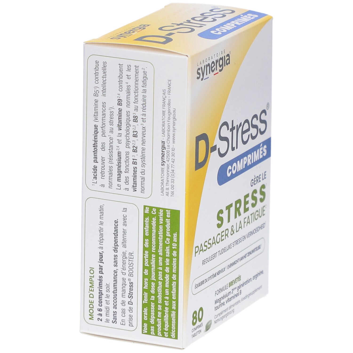 D-Stress® Tabletten-Packung. Enthält 80 Tabletten. Aufschrift: 'Gère le stress, passer & la fatigue'.