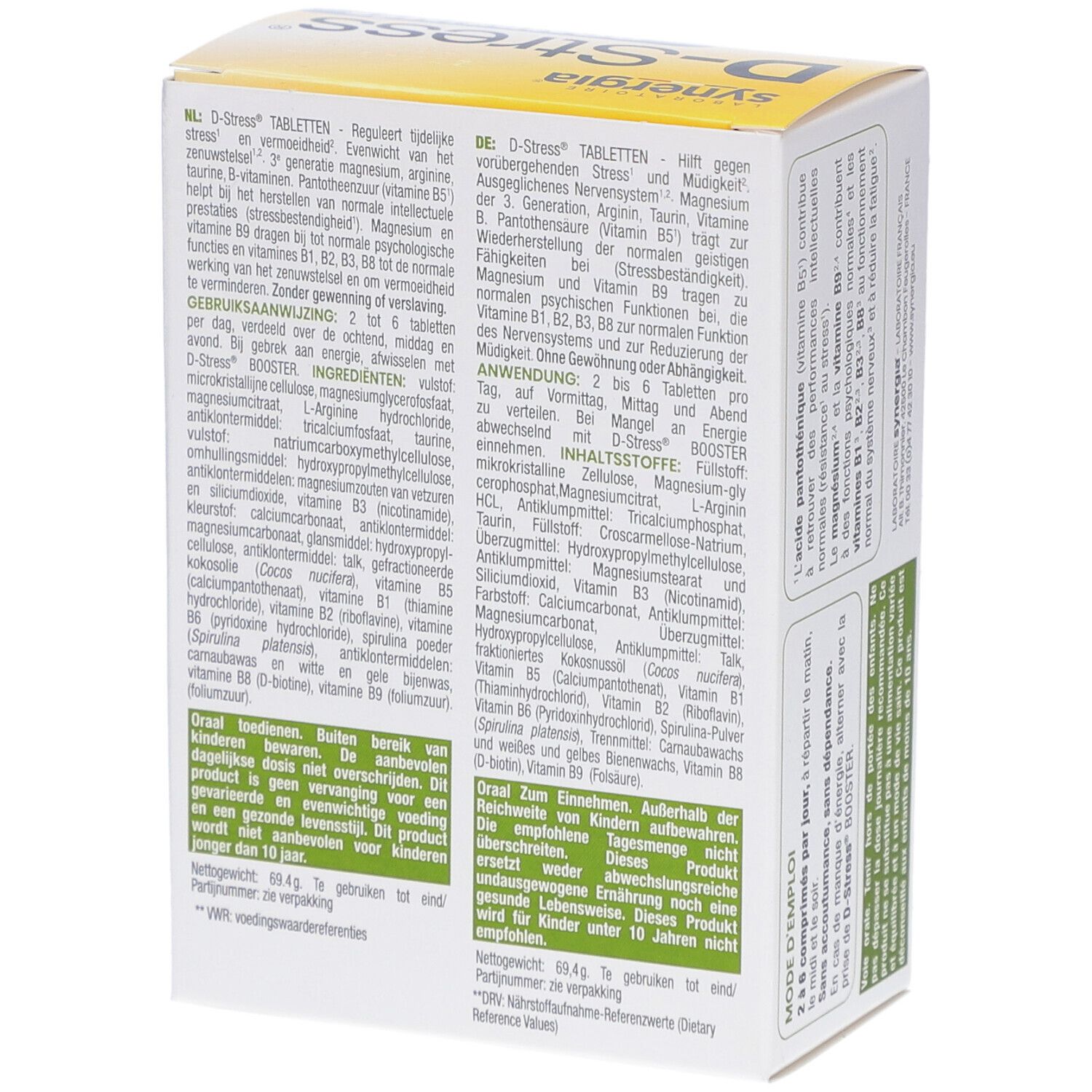 Rückseite der D-Stress® Tabletten-Packung. Enthält Informationen zu Inhaltsstoffen und Anwendung.