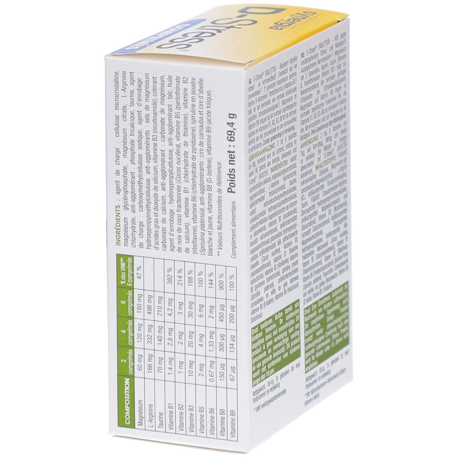 Seite der D-Stress® Tabletten-Packung. Enthält Informationen zur Zusammensetzung und Nährwertangaben.