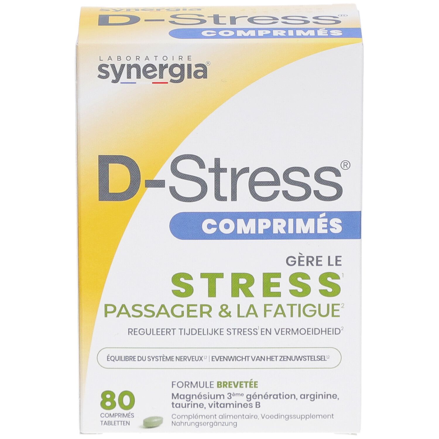 Vorderseite der D-Stress® Tabletten-Packung. Enthält 80 Tabletten. Aufschrift: 'Gère le stress, passer & la fatigue'.