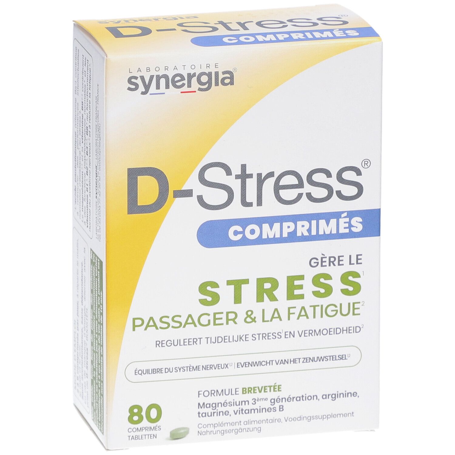 Vorderseite der D-Stress® Tabletten-Packung. Enthält 80 Tabletten. Aufschrift: 'Gère le stress, passer & la fatigue'.
