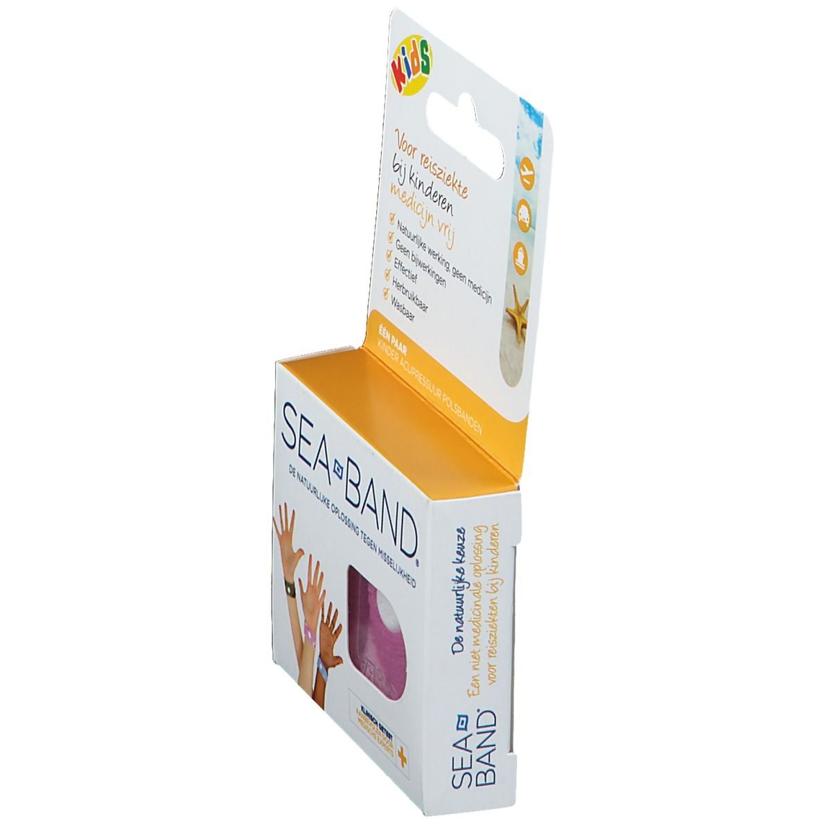 Verpackung mit Sea-Band Akupressur-Armbändern für Kinder. Rosa Armband sichtbar. Text: Sea-Band, Kids, natürliche Wirkung.