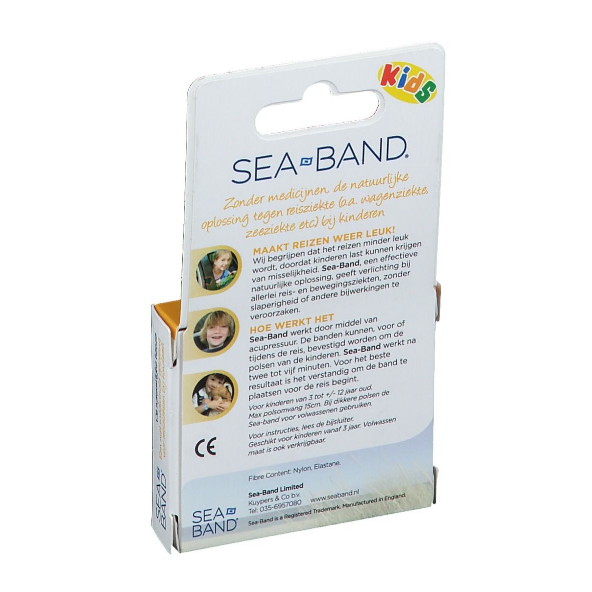 Rückseite der Sea-Band Verpackung. Text: Sea-Band, Kids. Abbildungen von Kindern. Text über Reiseübelkeit.