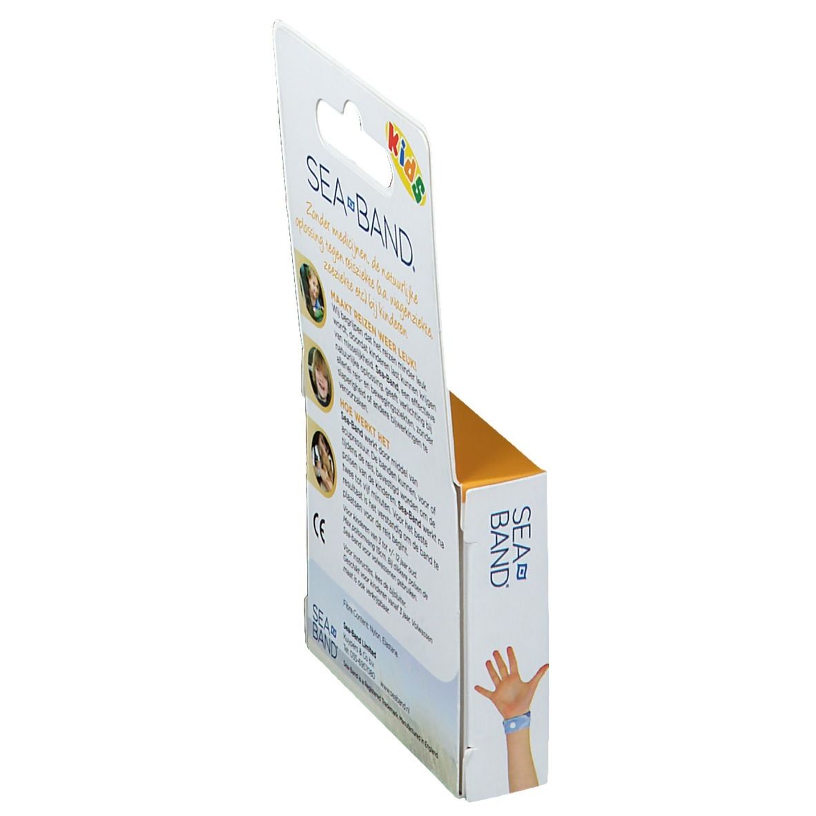 Seitenansicht der Sea-Band Verpackung. Text: Sea-Band, Kids. Abbildungen von Kindern. CE-Zeichen.